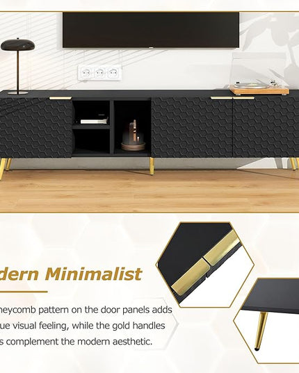 Merax Modern Minimalist Geometric TV Stand with Metal Handles and Gold Legs for Televisions Up to 80'' Multi-Functional Storage Cabinet, Entertainment Center for Living Room, 70.80" Length, Black - LeafyLoom
