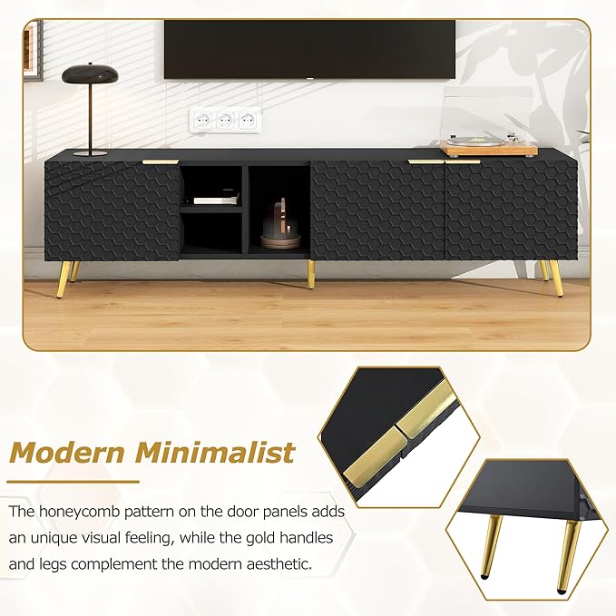 Merax Modern Minimalist Geometric TV Stand with Metal Handles and Gold Legs for Televisions Up to 80'' Multi-Functional Storage Cabinet, Entertainment Center for Living Room, 70.80" Length, Black - LeafyLoom
