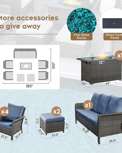 Yechen Patio Conversation Set 9 Seats with 44" Propane Gas Fire Pit Table - 8 Pcs Outdoor Wicker Furniture Set with Lid & Wind Shields - Sectional Sofa Set for Porch,Backyard - LeafyLoom