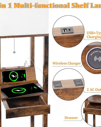【Upgraded】Floor Lamp with Shelves,Shelf Floor Lamps for Living Room with Wireless Charger, Floor Lamps for Bedroom with USB A+C Charging Ports and 2 AC Outlet, Brown Wood Lamp for Living Room, Bedroom - LeafyLoom