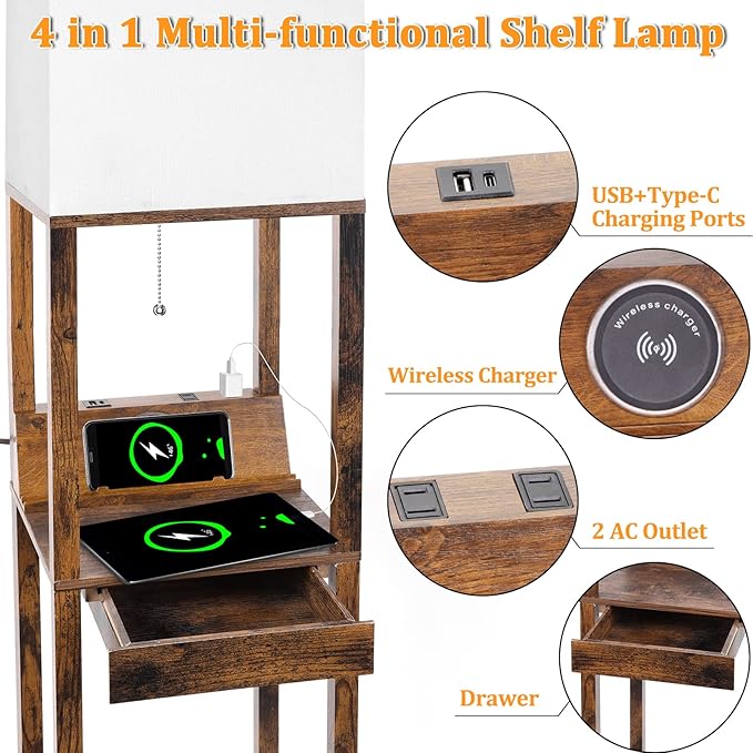 【Upgraded】Floor Lamp with Shelves,Shelf Floor Lamps for Living Room with Wireless Charger, Floor Lamps for Bedroom with USB A+C Charging Ports and 2 AC Outlet, Brown Wood Lamp for Living Room, Bedroom - LeafyLoom