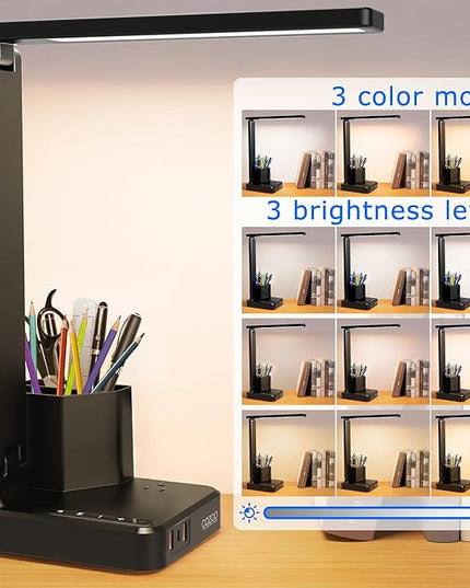 COZOO LED Desk Lamp with 3 USB Charging Ports,1 AC Outlet,2 Pen Holders,3 Color Temperatures 3 Brightness LevelsTouch/Memory/Timer Function,10W Eye Protection Foldable Reading Light,College Study Lamp - LeafyLoom