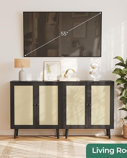 Buffet Cabinet with Storage, Storage Cabinet with Synthetic Rattan Decor Doors, Accent Cabinet with Solid Wood Feet, Sideboard Cabinet for Hallway, Entry, Living Room, Black - LeafyLoom