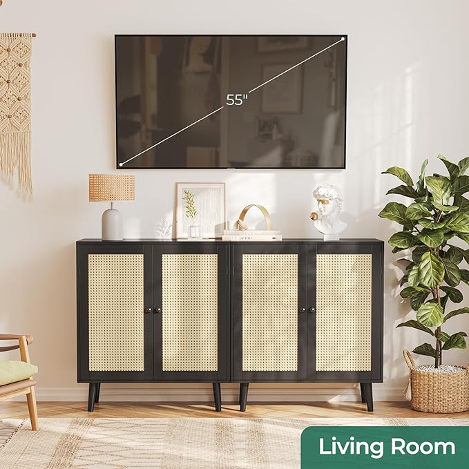 Buffet Cabinet with Storage, Storage Cabinet with Synthetic Rattan Decor Doors, Accent Cabinet with Solid Wood Feet, Sideboard Cabinet for Hallway, Entry, Living Room, Black - LeafyLoom