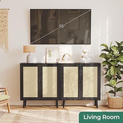 Buffet Cabinet with Storage, Storage Cabinet with Synthetic Rattan Decor Doors, Accent Cabinet with Solid Wood Feet, Sideboard Cabinet for Hallway, Entry, Living Room, Black - LeafyLoom