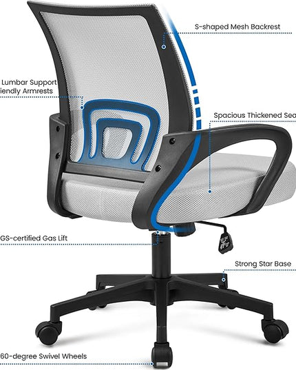 Yaheetech Ergonomic Office Chair Mid Back Computer Chair Mesh Desk Chair with Lumbar Support Armrest Executive Rolling Swivel Adjustable Task Chair for Adults, Grey - LeafyLoom