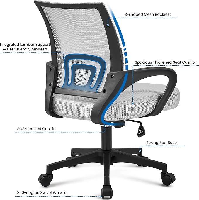 Yaheetech Ergonomic Office Chair Mid Back Computer Chair Mesh Desk Chair with Lumbar Support Armrest Executive Rolling Swivel Adjustable Task Chair for Adults, Grey - LeafyLoom