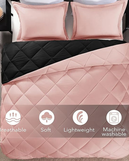 downluxe Queen Comforter Set - Pink and Black Queen Comforter, Soft Bedding Sets for All Seasons -3 Pieces - 1 Comforter (88"x92") and 2 Pillow Shams(20"x26") - LeafyLoom