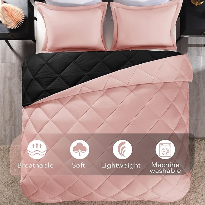 downluxe Queen Comforter Set - Pink and Black Queen Comforter, Soft Bedding Sets for All Seasons -3 Pieces - 1 Comforter (88"x92") and 2 Pillow Shams(20"x26") - LeafyLoom