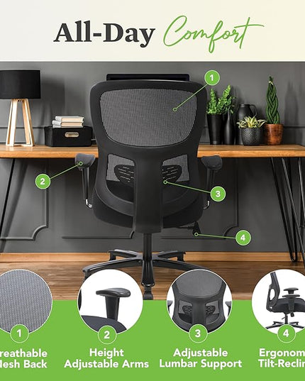 HON Sadie Big and Tall Office Chair, Ergonomic Office Chair with Mesh Back, Lumbar Support, Home Office Desk Chairs, 400 lb Max, Black - LeafyLoom
