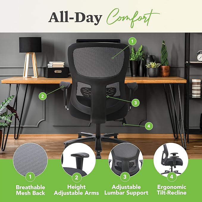 HON Sadie Big and Tall Office Chair, Ergonomic Office Chair with Mesh Back, Lumbar Support, Home Office Desk Chairs, 400 lb Max, Black - LeafyLoom