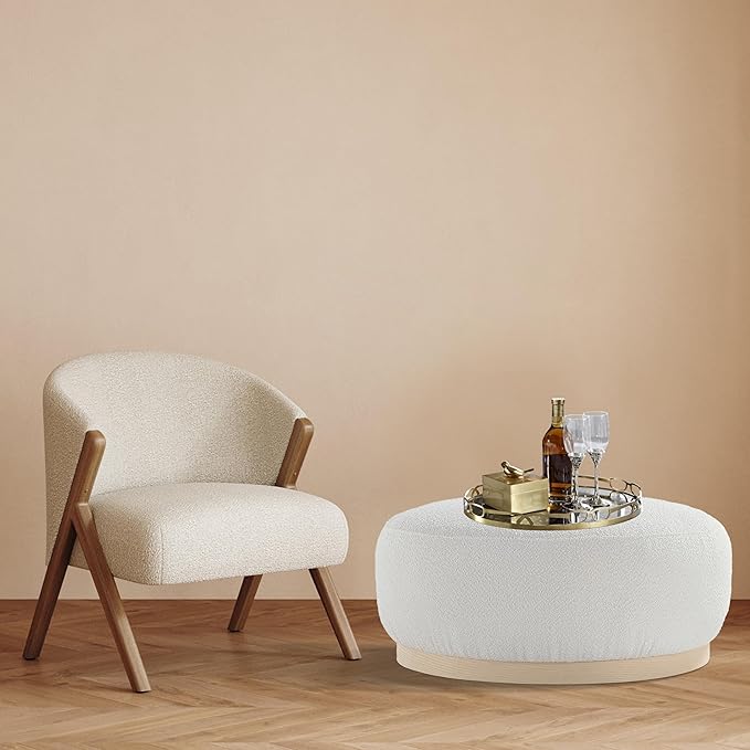 Round Ottoman Coffee Table, Modern Boucle Upholstered Center Table for Living Room Circle Accent Coffee Table for Bedroom Entryway Office - LeafyLoom