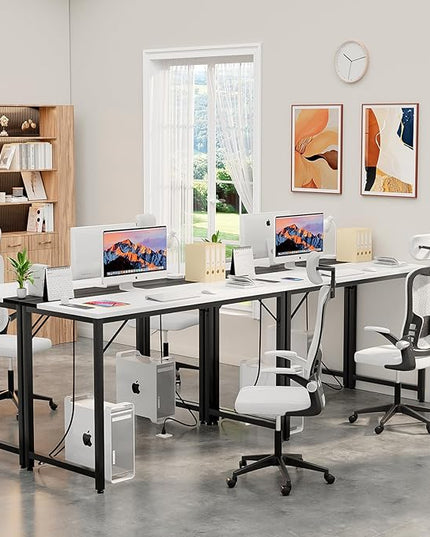 47 Inch Computer Desks with Power Outlets and USB Charging Ports, Modern Office Desk for Small Spaces, Sturdy Laptop PC Gaming Writing Table for Students, White and Black, 2 Pack - LeafyLoom