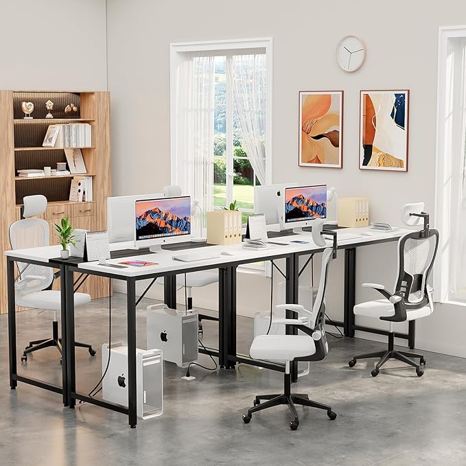 47 Inch Computer Desks with Power Outlets and USB Charging Ports, Modern Office Desk for Small Spaces, Sturdy Laptop PC Gaming Writing Table for Students, White and Black, 2 Pack - LeafyLoom