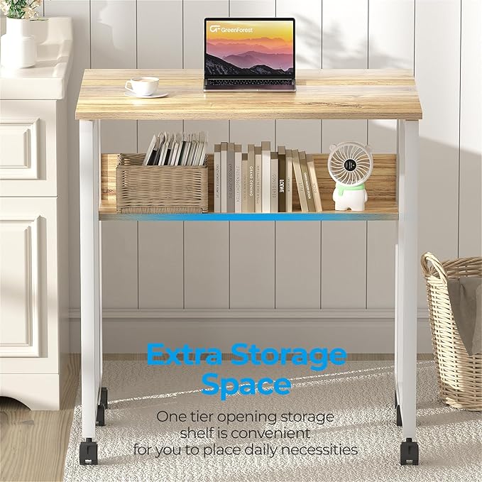 GreenForest Folding Desk Small Rolling Desk with Storage Shelf,31.5 inch Foldable Computer Desk with Wheels for Small Space,Easy Assembly,Oak - LeafyLoom