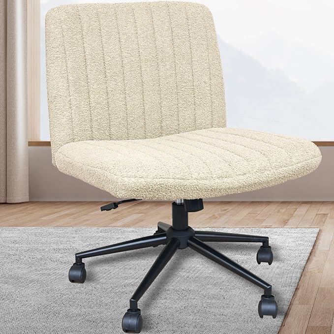 Criss Cross Chair with Wheels, Armless Cross Legged Office Desk Chair,Comfortable Swivel High Adjustable Wide Seat Chair for Home Office (Beige) - LeafyLoom