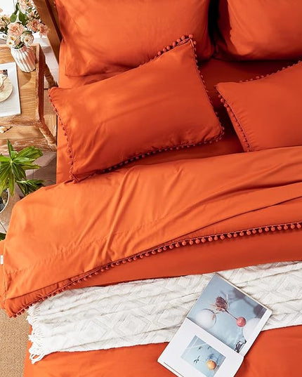 Anluoer King Comforter Set 7 Piece, Burnt Orange Bed in a Bag with Sheets, Pom Pom Boho Bedding Comforter Sets with 1 Comforter, 2 Pillow Shams, 2 Pillowcases, 1 Flat Sheet, 1 Fitted Sheet - LeafyLoom