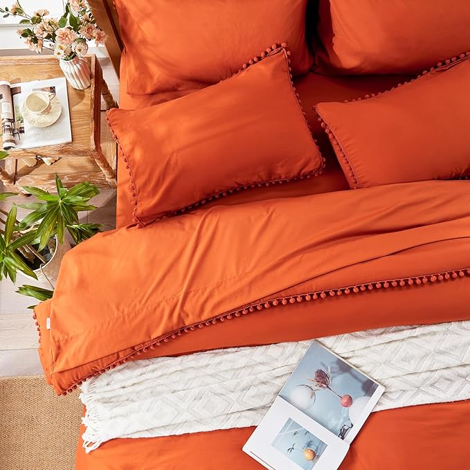 Anluoer Full Comforter Set 7 Piece, Burnt Orange Bed in a Bag with Sheets, Pom Pom Boho Bedding Comforter Sets with 1 Comforter, 2 Pillow Shams, 2 Pillowcases, 1 Flat Sheet, 1 Fitted Sheet - LeafyLoom