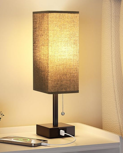 Black Small Table Lamp for Bedroom - 3 Color Temperature 3000K 5000K 4000K Bedside Lamp, Pull Chain Control, USB A and C Charging Ports, Black Base, for Kids Office Dorm Nightstand, Bulb Included - LeafyLoom