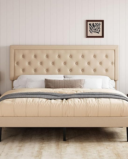 Allewie King Size Platform Bed Frame/Fabric Upholstered Bed Frame with Diamond Button Tufted Headboard/Adjustable Headboard/Wood Slat Support/Mattress Foundation/Beige (King) - LeafyLoom