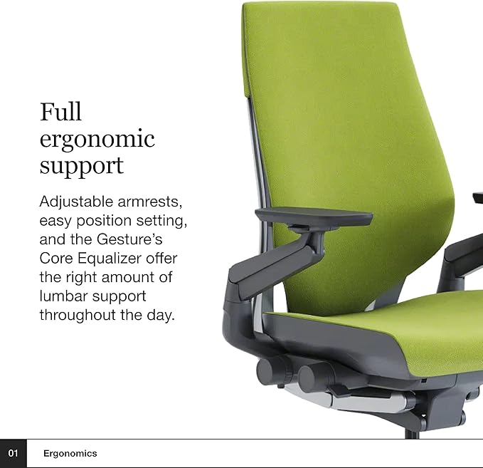 Steelcase Gesture Office Chair - Ergonomic Work Chair with Wheels for Carpet - Comfortable Office Chair - Intuitive-to-Adjust Chairs for Desk - 360-Degree Arms - Wasabi Green Fabric - LeafyLoom