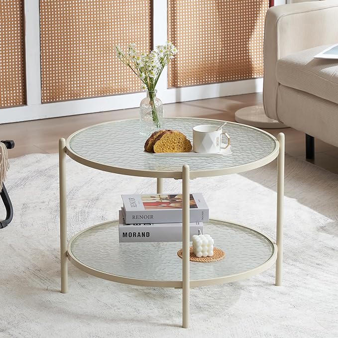 VINGLI 25.6" Small Cream White Round Coffee Table Water-wave Glass Circle Clear Coffee Table, Center Table with 2-Tier Modern Storage Design for Living Room, Bedroom, Meeting Room, Balcony, Beige - LeafyLoom