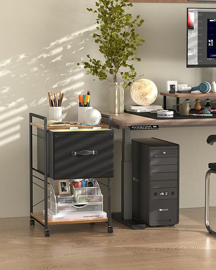 VECELO Vertical Filing Cabinet Set of 2, Rolling Printer Shelf with Handle, Suitable for Letter Size, Sturdy Steel Frame and Folding Fabric Drawer for Living Room/Bedroom/Hallway, Brown+Black - LeafyLoom