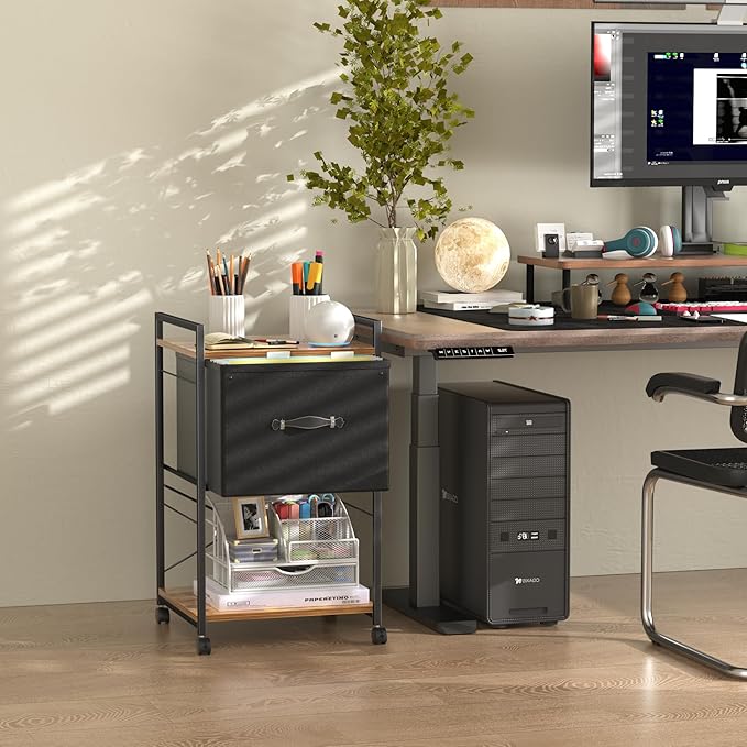 VECELO Vertical Filing Cabinet Set of 2, Rolling Printer Shelf with Handle, Suitable for Letter Size, Sturdy Steel Frame and Folding Fabric Drawer for Living Room/Bedroom/Hallway, Brown+Black - LeafyLoom