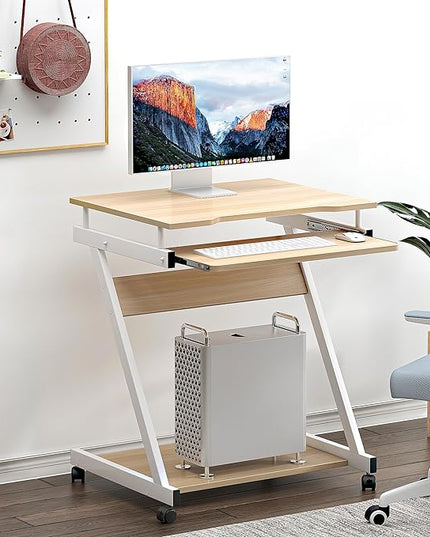 sogesfurniture Mobile Computer Desk Small Rolling Office Table Workstation with Printer Shelf and Keyboard Tray, Space-Saving Computer Desk with Storage Shelf for Home and Office (Maple) - LeafyLoom