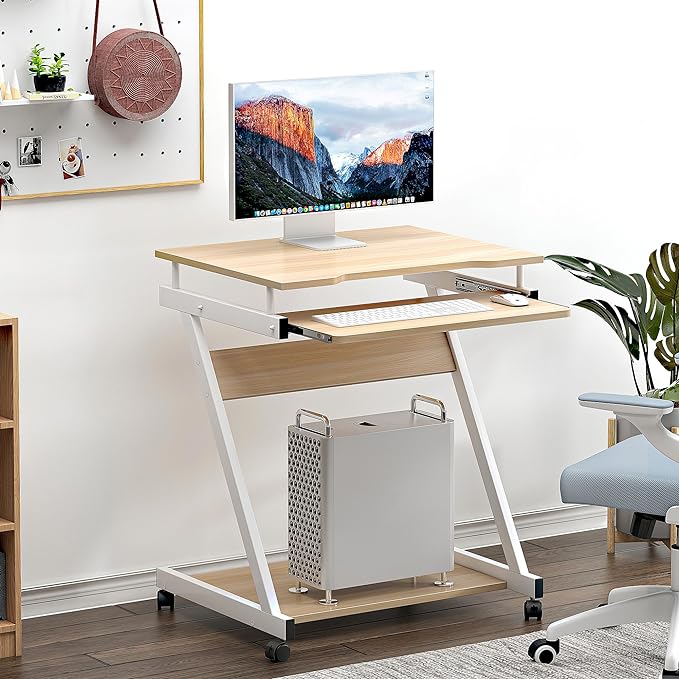 sogesfurniture Mobile Computer Desk Small Rolling Office Table Workstation with Printer Shelf and Keyboard Tray, Space-Saving Computer Desk with Storage Shelf for Home and Office (Maple) - LeafyLoom