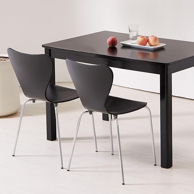 Livinia No.7 Mid-century Modern Wooden Dining Chairs Set of 2, Contemporary Stackable Bentwood Kitchen Interior Armless Chairs with Steel Legs (Black) - LeafyLoom