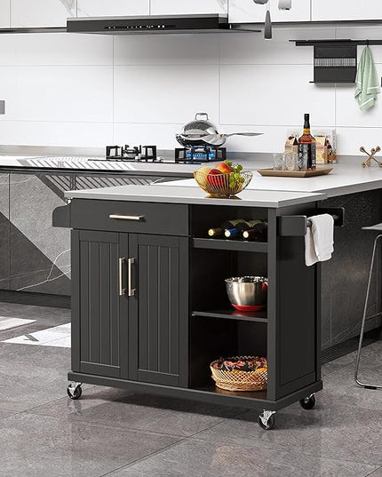 Yaheetech Kitchen Island with Stainless Steel Top and Storage Cabinet, Kitchen Cart on Wheels with Drawer & Open Shelves & Wine Rack & Spice Rack, 18" D x 51" W x 36" H, Black - LeafyLoom