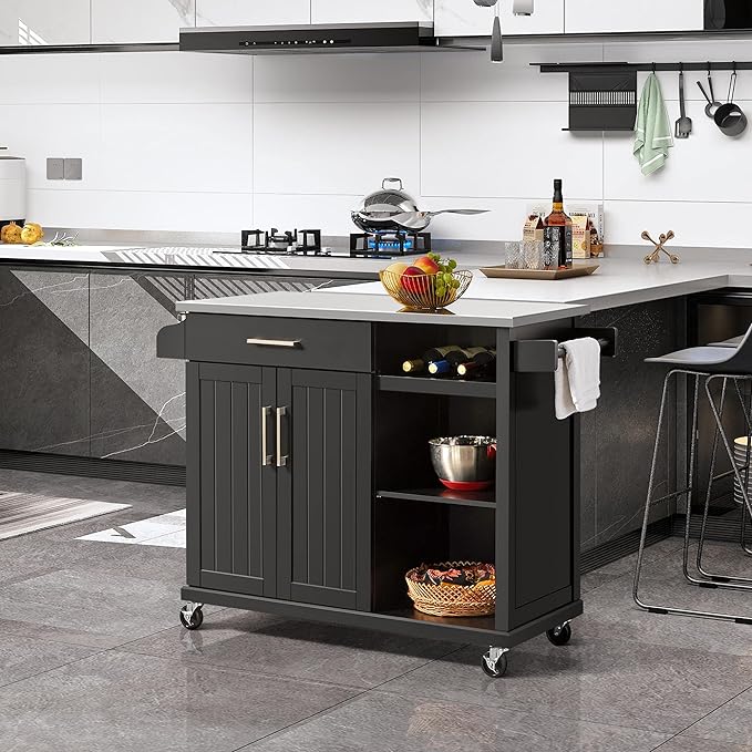 Yaheetech Kitchen Island with Stainless Steel Top and Storage Cabinet, Kitchen Cart on Wheels with Drawer & Open Shelves & Wine Rack & Spice Rack, 18" D x 51" W x 36" H, Black - LeafyLoom