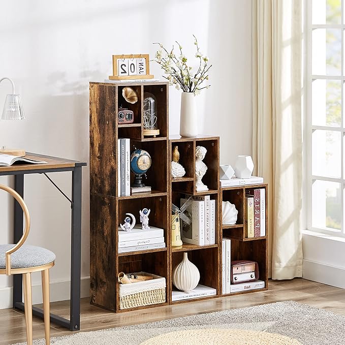 VECELO Small Bookshelf, 5 Cube Slim Bookcase, Fits Tallest Hardcovers, Horizontal Available, Modern Floor Standing Unit, Each Shelf Hold Up to 66 LBS, Vintage Brown - LeafyLoom