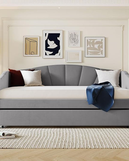 Twin Size Upholstered Daybed with Trundle, Wood Slat Support Sofa Bed with Armrest, No Box Spring Needed, Easy to Assemble, for Studio, Bedroom, Living, Guest Room, Gray - LeafyLoom