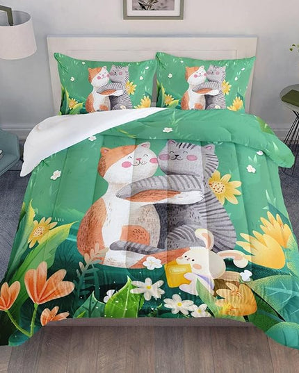 Datura home Cute Cat Kids Comforter Bedding Set for Boys Girls, Watercolor Cat Forest Rabbit and Flower Print Comforter with 2 Pillowcases(Cute Cat Queen) - LeafyLoom