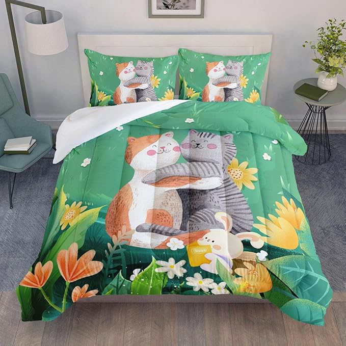 Datura home Cute Cat Kids Comforter Bedding Set for Boys Girls, Watercolor Cat Forest Rabbit and Flower Print Comforter with 2 Pillowcases(Cute Cat Full) - LeafyLoom