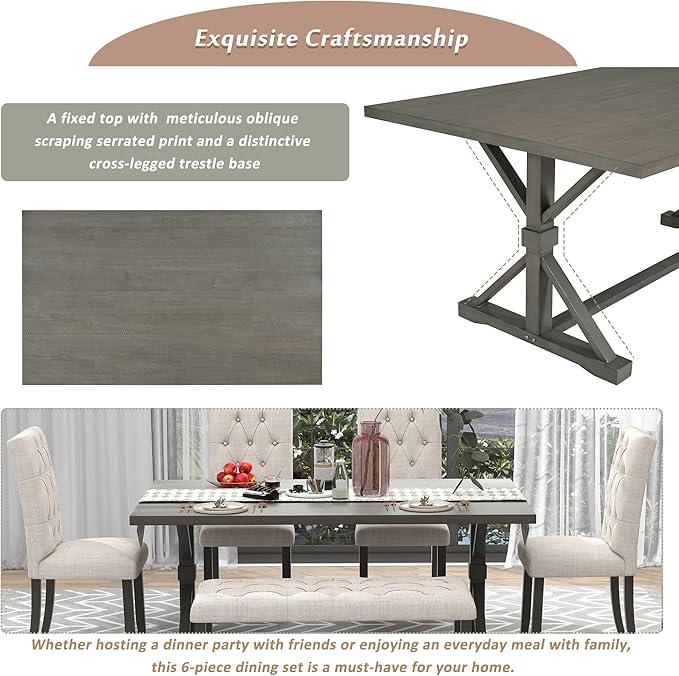 6-Piece Retro Wood Dinette Sets Rectangular Kitchen Dining Table, 4 Upholstered Chairs & Bench, for Diningroom Living Room, Easy to Assemble, Gray 7 - LeafyLoom