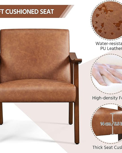 Yaheetech PU Leather Accent Chair, Mid-Century Modern Armchair with Solid Wood Legs, Reading Leisure Chair with High Back for Living Room Bedroom Waiting Room, Brown - LeafyLoom