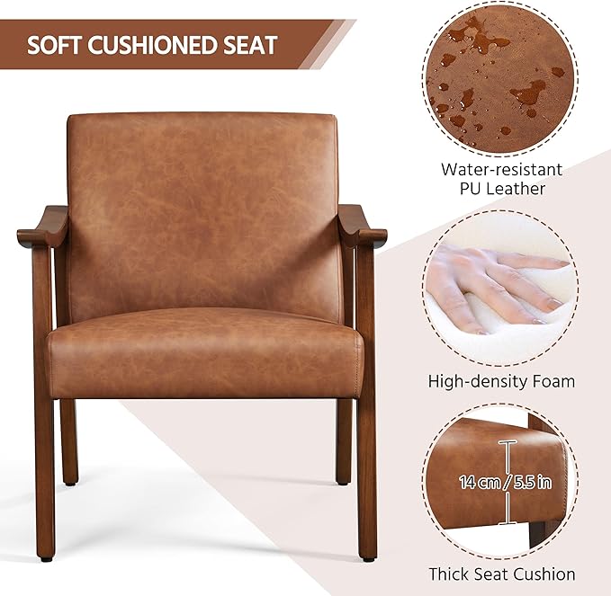Yaheetech PU Leather Accent Chair, Mid-Century Modern Armchair with Solid Wood Legs, Reading Leisure Chair with High Back for Living Room Bedroom Waiting Room, Brown - LeafyLoom