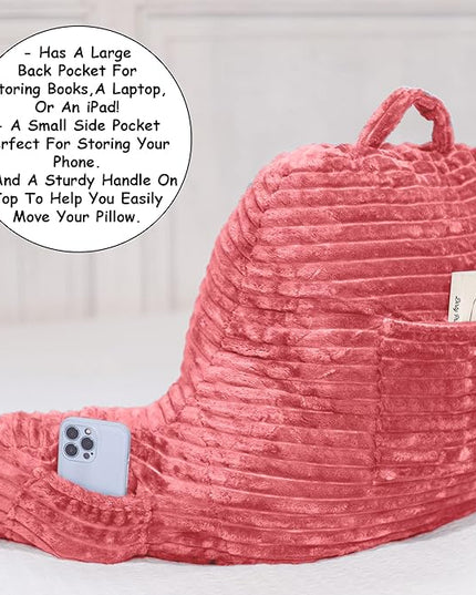 Homie Reading Pillow with Reading Light and Wrist Support, Has Arm Rests, and Back Support for Bed Rest, Lounging, Reading, Working on Laptop, Watching TV (Pink) - LeafyLoom