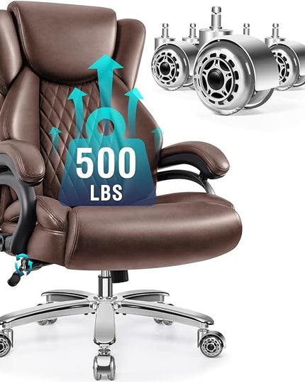 Big and Tall Office Chair 500lbs, Large High Back Executive Desk Chair with Extra Wide Seat, Heavy Duty Metal Base & Wheels, Ergonomic PU Leather Chair with Adjustable Lumbar Support, Brown - LeafyLoom
