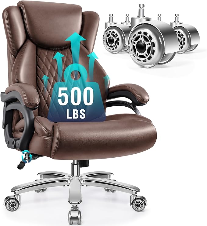 Big and Tall Office Chair 500lbs, Large High Back Executive Desk Chair with Extra Wide Seat, Heavy Duty Metal Base & Wheels, Ergonomic PU Leather Chair with Adjustable Lumbar Support, Brown - LeafyLoom