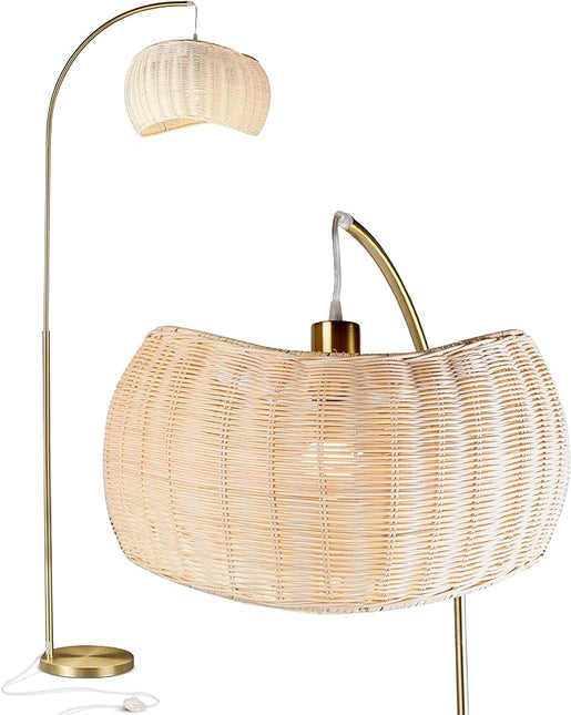 Brightech Wave Arched Floor Lamp – Unique Hanging Wicker Shade for Living Rooms – Rattan Style Matches Boho and Other Décor – Arcs Over Sofas and Dining Tables for Compliments - Brass - LeafyLoom