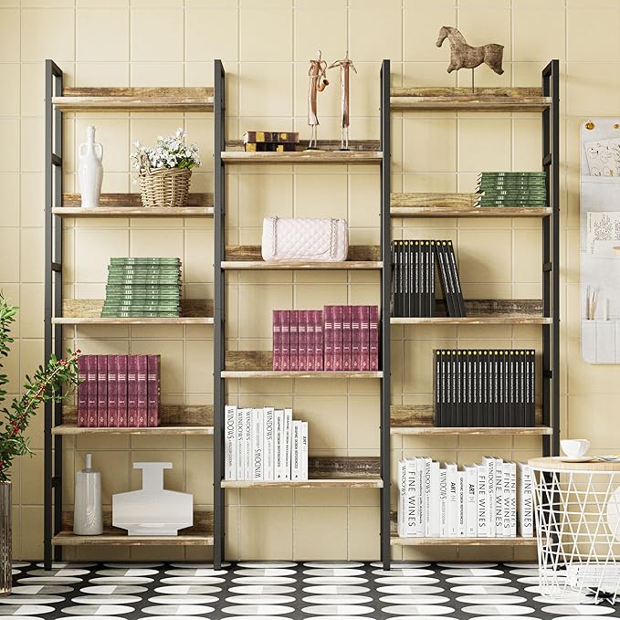 IRONCK Bookcases and Bookshelves Triple Wide 5 Tiers Industrial Bookshelf with Baffles Large Etagere Bookshelf with Metal Frame for Living Room Home Office - LeafyLoom