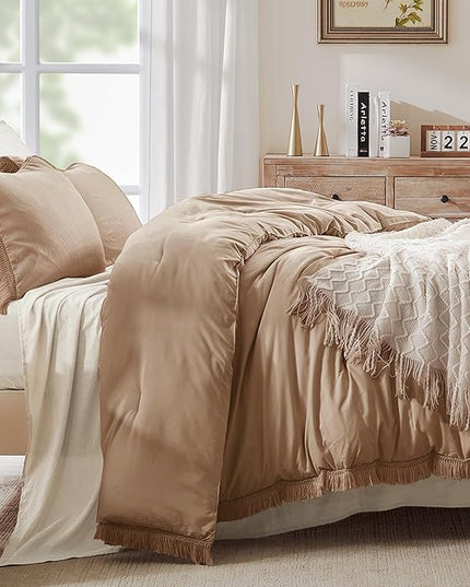 Andency Taupe Comforter Set Full Size, 3 Pieces Boho Tassel Lightweight Bedding Comforter Sets, Tan All Season Soft Fluffy Fringe Bed Set (79x90In Comforter & 2 Pillowcases) - LeafyLoom
