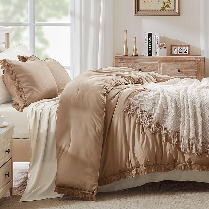 Andency Taupe Comforter Set Full Size, 3 Pieces Boho Tassel Lightweight Bedding Comforter Sets, Tan All Season Soft Fluffy Fringe Bed Set (79x90In Comforter & 2 Pillowcases) - LeafyLoom