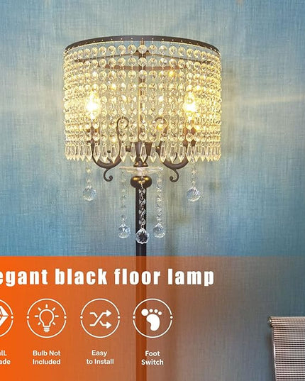 Hsyile KU300267 Modern Elegance Crystal Floor Lamp for Living Room,Bedroom,Office - Standing Tall Pole Lamp - Classic Black - LeafyLoom