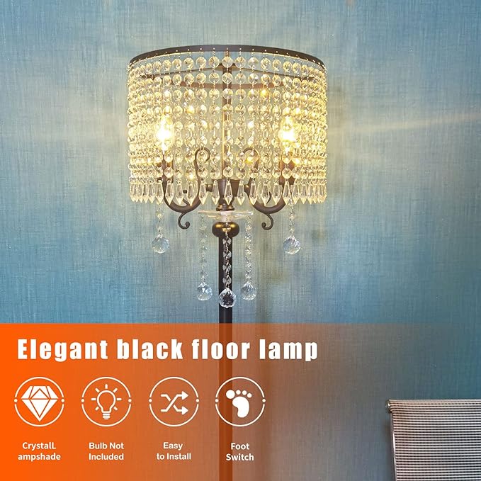 Hsyile KU300267 Modern Elegance Crystal Floor Lamp for Living Room,Bedroom,Office - Standing Tall Pole Lamp - Classic Black - LeafyLoom