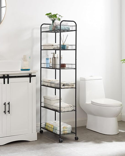 Slim Rolling Storage Cart, 6 Tier Utility Carts with Wheels and Baskets, Mobile Shelving Unit, Metal Wire Storage Shelving Rack with for Kitchen Bathroom Office Laundry Narrow Space - Black 10in - LeafyLoom